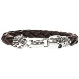Bracelets Orusbijoux Bracelet Homme Cuir Tête De Mort Marron Et Argent Noir