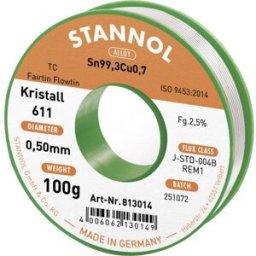 Stannol Kristall 611 Fairtin Étain à souder sans plomb sans plomb Sn99,3Cu0,7 REM1 100 g 0.5 mm