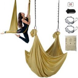 VEVOR Hamac de Yoga Aérien 4x2,8 m Kit Balançoire de Yoga Inversion Danse Aérienne en Nylon 100 g/m² Charge 1000 kg Vol Anti-gravité d'Air pour Fitness Musculation Pilates Gym Maison Studio Doré