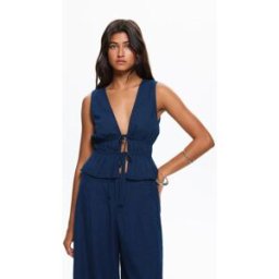 Pull&Bear Top Froncé Avec Nœuds Bleu sombre L female