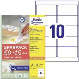 Avery Zweckform L4744REV-65 Etiquette universelles 96 x 50.8 mm papier blanc 65 feuille(s) décollable imprimante à jet dencre, imprimante laser, imprimante
