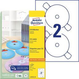 Avery Zweckform L7676-25 Etiquette pour CD Ø 117 mm papier blanc 50 pc(s) fixation permanente imprimante à jet dencre, imprimante laser, imprimante laser
