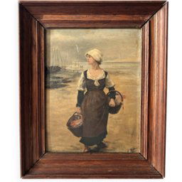 ART Huile sur panneau "Retour du marché aux poissons" 1900, scène de genre multicolore 35x4x42
