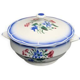 ART Soupière, modele Elorn, Digoin et Sarreguemines, France, motifs d'oeillets bleu 25x11x21