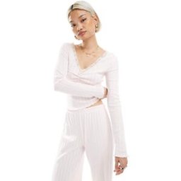 Miss Selfridge - Top d'ensemble en maille pointelle Ã manches longues et bordure en dentelle - Rose rose L female