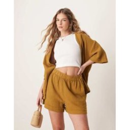 ASOS DESIGN - Short d'ensemble Ã enfiler en gaze de coton avec bords effilochÃ©s - Olive-Vert Vert XS female