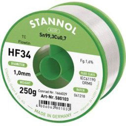 Stannol HF34 1,6% 1,0MM FLOWTIN TC CD 250G Étain à souder sans plomb bobine, sans plomb Sn99,3Cu0,7 ORM0 250 g 1 mm
