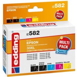 Edding Encre remplace Epson 33XL, T3357, T3351, T3361, T3362, T3363, T3364 compatible pack bundle noir, noir photo, cyan, magenta, jaune EDD-582 18-582
