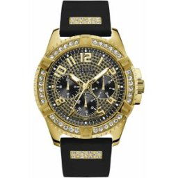 Montre Guess W1132G1 - FRONTIER Boîtier acier doré brillant avec cristaux cadran noir multifonction bracelet silicone noir avec cristaux Homme male