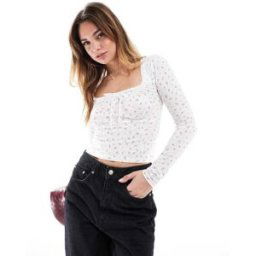 Cotton:on Cotton On - Annie - Top Ã manches longues et col V avec liens et dentelle Ã petites fleurs vintage - Blanc Blanc M female