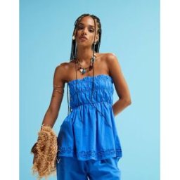 SNDYS - Top bandeau long froncÃ© en popeline et lin mÃ©langÃ© avec fleurs appliquÃ©es - Bleu vif Bleu XXL female