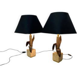 Lampes de table vintage en bronze, laiton et travertin à la manière de Maison Charles, années 1970, lot de 2 dore 40x40x71