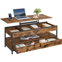 VASAGLE Table basse avec plateau relevable, Marron Rustique + Noir d'Encre / 120L x (48-63) H cm