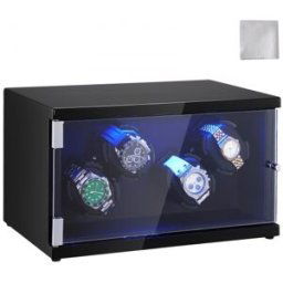 VEVOR Remontoir Montre Automatique Capacité 4 Montres Écrin pour Montres Automatiques avec 2 Moteurs Japonais Mabuchi Silencieux 5 Modes de Remontage en Panneau Haute Densité et Acrylique LED Bleu