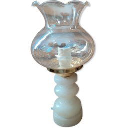 Lampe de bureau chevet originale Base Albâtre Globe tulipe verre ancien vintage beige 14x14x27
