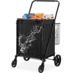VEVOR Chariot de Courses Pliable Charge 150,5 kg 4 Roulettes Chariot de Supermarché Plus de 85 L avec 2 Paniers Charrette de Courses en Fer avec Doublure Étanche pour Transporter Ranger Linge Épicerie