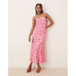 VILA - Robe longue Ã fines bretelles et encolure carrÃ©e en tulle - Rose fleuri rose L female