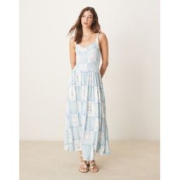 ASOS DESIGN - Robe mi-longue froissÃ©e Ã encolure en caur avec imprimÃ© cartes postales - Bleu pÃ¢le-Multicolore Multicolore 34 female