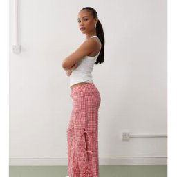 Noisy May Petite - Pantalon ample Ã carreaux vichy avec dÃ©tails nouÃ©s sur le cÃ´tÃ© - Rouge Rouge L female