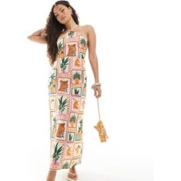Vero Moda Petite - Robe longue Ã encolure amÃ©ricaine - ImprimÃ© tropical carte postale-Multicolore Multicolore XS female