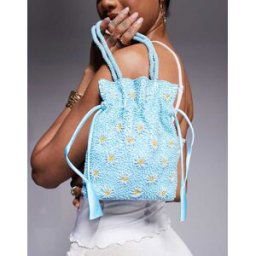 True Decadence - Sac seau ornÃ© de perles fantaisie et de fleurs - Bleu Bleu No Size female