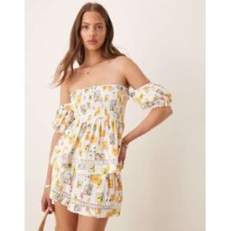 ASOS DESIGN - Top Ã dÃ©tails froncÃ©s et encolure Bardot - ImprimÃ© carte postale-Multicolore Multicolore L female