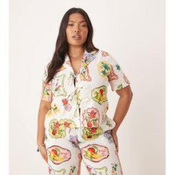 Nobody's Child Plus - Harper - Chemise d'ensemble nouÃ©e sur l'avant Ã imprimÃ© carte postale fruits-Multicolore Multicolore 48 female