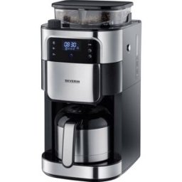Severin Filterkaffeemaschine mit Mahlwerk und Edelstahl-Thermokanne, Cafetière noir, acier inoxydable (brossé) Nombre de tasse=8 écran, verseuse thermofuge,