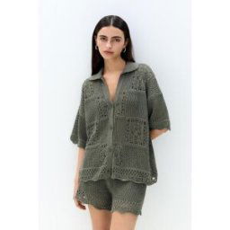 Pull&Bear Chemise Manches Courtes Crochet Ondulations Kaki M female