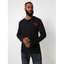 True Religion Long Sleeve Henley T-Shirt Adults Noir de jais L Male