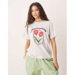 ASOS DESIGN - T-shirt coupe classique avec motif tulipe Amsterdam - Glace chinÃ©-Gris Gris S female