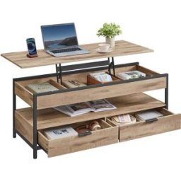 VASAGLE Table basse avec plateau relevable, Marron Camel + Noir d'Encre / 120L x (48-63) H cm