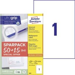 Avery Zweckform 6603 Etiquette universelles 210 x 297 mm papier blanc 65 pc(s) fixation permanente imprimante laser couleur, imprimante laser