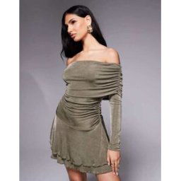 Aria Cove - Robe texturÃ©e coupe courte et moulante avec ourlet volantÃ© et encolure bardot plongeante - Kaki-Vert Vert 40 female