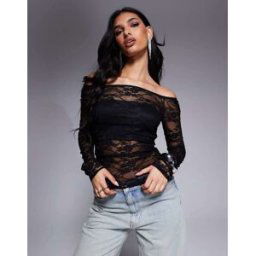 ASOS DESIGN - Top froncÃ© en tulle Ã Ã©paules dÃ©nudÃ©es - Noir dentelle Noir XS female
