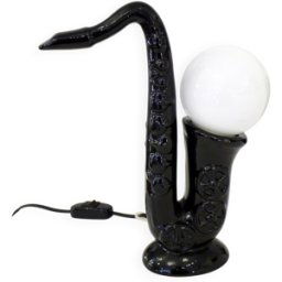 Lampe Saxophone 1980' en faïence noire & globe opalin noir 24x8x31