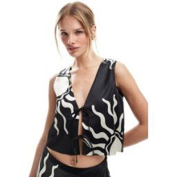 4th & Reckless - Crop top d'ensemble rÃ©versible en satin imprimÃ© soleil contrastÃ© avec naud papillon-Multicolore Multicolore 36 female