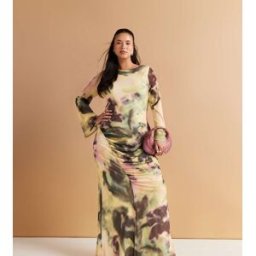 Asos Curve ASOS DESIGN Curve - Robe longue en tulle imprimÃ© avec manches longues et liens nouÃ©s au dos - Vert/jaune-Multicolore Multicolore 54 female