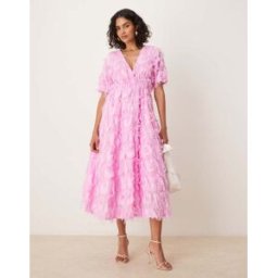 YAS - Robe mi-longue texturÃ©e Ã col V - Lavande pastel-rose rose 6 female