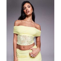 Missyempire Missy Empire - Top d'ensemble prÃ¨s du corps en dentelle Ã encolure Bardot Ã©chancrÃ©e - Citron-Jaune Jaune IT 40 female