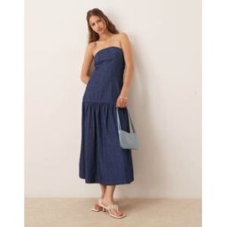 ASOS DESIGN - Robe bandeau mi-longue en denim doux avec plis - DÃ©lavÃ©-Bleu Bleu 44 female