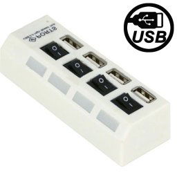 Hub USB 2.0 haute vitesse 4 ports avec commutateur et 4 LED, Plug and Play (Blanc)