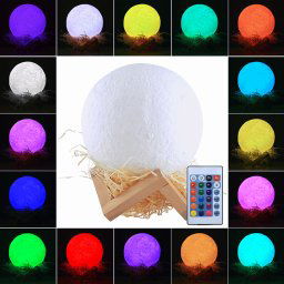 1W 3D Print Moon Lampe USB de charge Touch Control 16 couleurs changeant LED Lumière de nuit économie d énergie avec support en bois Base et télécommande, Diamètre: 15cm