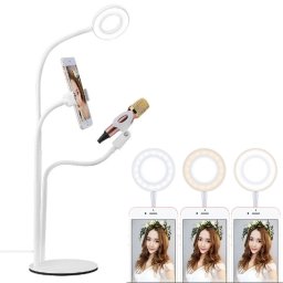 Support universel de support de téléphone portable Selfie Ring Light avec clip de microphone et réglage de la lumière 3 couleurs, pour l enregistrement en studio, diffusion en direct, Live Show, KTV, etc. (Blanc)