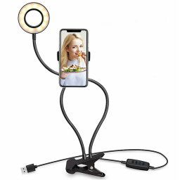 Maquillage USB Selfie Anneau Lumière avec Clip Support paresseux support de téléphone portable stand, avec 3-Light Mode, 10-niveau luminosité LED lampe de bureau, Compatible avec iPhone / Android, pour le streaming