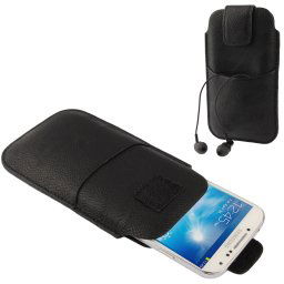 Housse en cuir universelle avec poche pour écouteurs pour iPhone X, iPhone 6 et 5, Samsung Galaxy S6 bord / S6 / S5 / S IV, Huawei P8, HTC One / G23, Sony LT29i / L36h / M35h, LG, Nokia, Taille : 15x8.8cm (Noir)