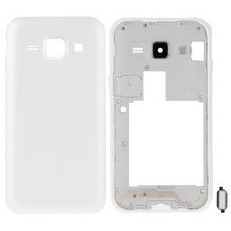 iPartsBuy Remplacement complet de la couverture du boîtier (cadre intermédiaire Bazel + couvercle arrière de la batterie) + Remplacement du bouton de la maison pour Samsung Galaxy J1 / J100 (blanc)