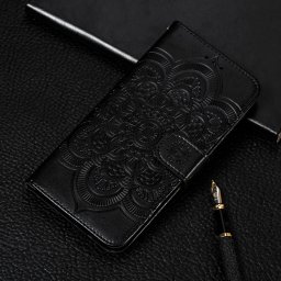 Etui à rabat horizontal en cuir Mandala avec motif gaufrage pour iPhone 11 Pro Max, avec support et logements pour cartes, portefeuille et cadre photo et lanière (Noir)