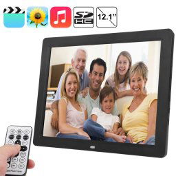 Écran LCD TFT de 12,1 pouces Cadre photo numérique multimédia avec lecteur de musique et de film / Fonction de télécommande, prise en charge de l entrée USB / carte SD, haut-parleur stéréo intégré (noir)