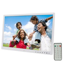 Cadre photo numérique à écran LED de 17,0 pouces avec contrôle à bouton tactile / support / télécommande, technologie Allwinner, prise en charge USB / carte SD / OTG, prise US / EU / UK (blanche)